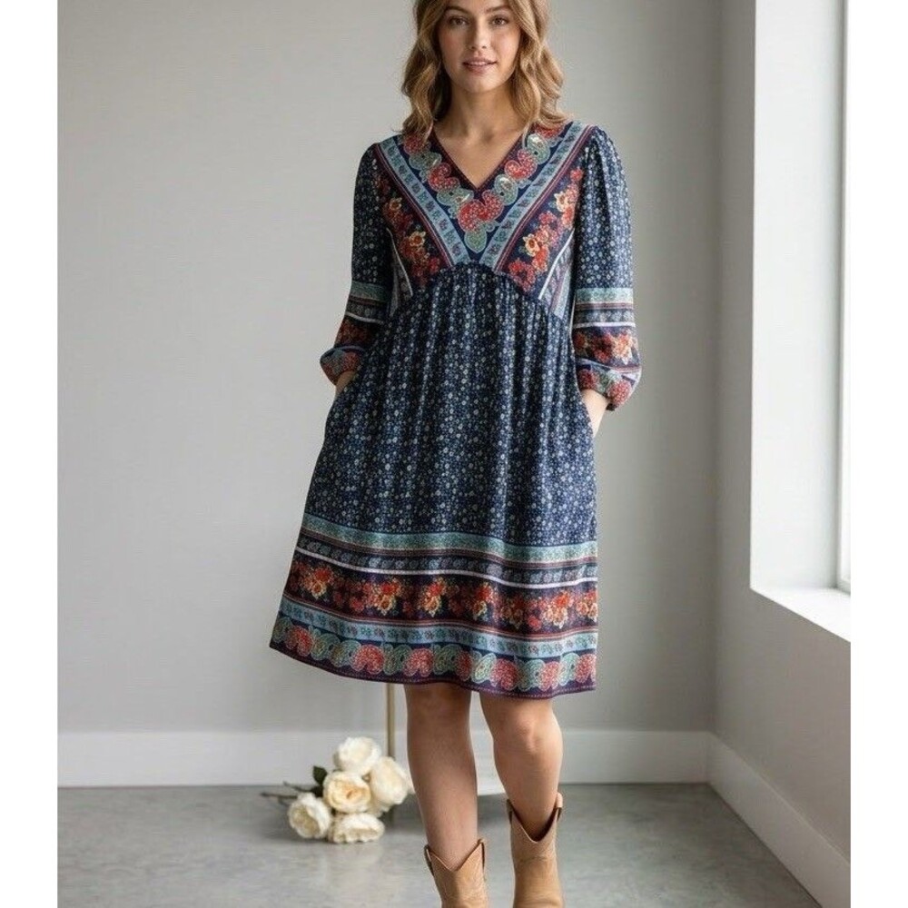 BTFBM Floral Paisley Border Print Boho Babydoll Mini Dress Size L Flowy